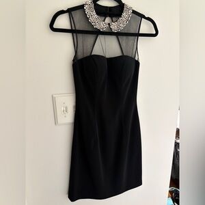 Sherri Hill Silver Beaded/ Black Mesh Yoke Sheath Dress Worn Once Open Back